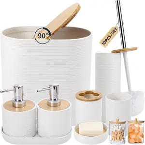 White Bathroom Accessories Set with Trash Can, 2PCS Soap Dispensers, Soap Dish, Toothbrush Holder, Toothbrush Cup, Toilet Brush, Tray and Qtip Holders for Bathroom Decor