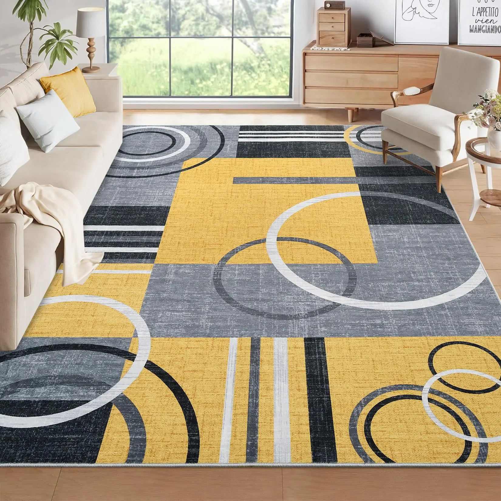 Geometric Abstract Washable Area Rug Living Room Rugs Non-Slip Soft Ultra-Thin Modern Throw Carpet Contemporary Stain Resistant Floor Carpet for Dining Room Bedroom