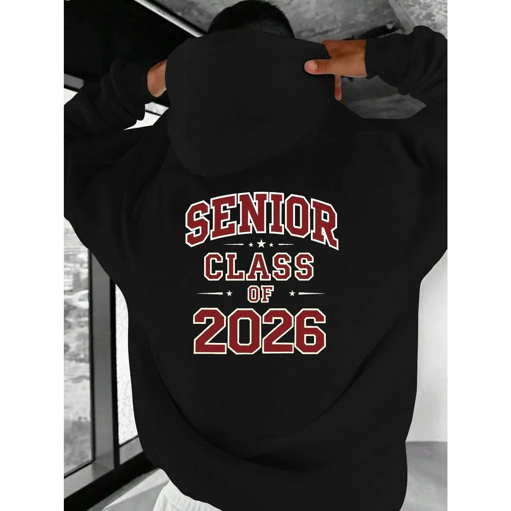 Class of 2026 Senior Back Print Hoodie, 50% Cotton 50% Polyester Loose Pullover Hooded Sweatshirt, Vintage Varsity Graduation Hoodie Gift for 2026 Seniors, Gray, Black