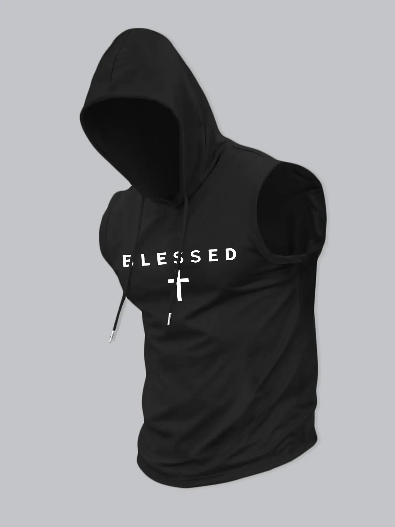 BLESSED Cross Graphic Hooded Tank Top - Faith-Based Streetwear Casual Sleeveless Hoodie, Graphic Streetwear Clothing