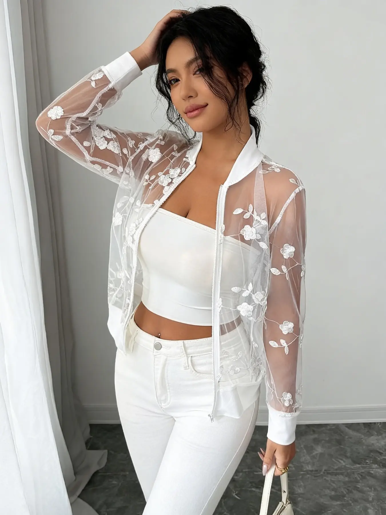 Women's Spring Summer Casual Floral Embroidery Sheer Mesh Zipper Lightweight Loose Fit Pilot Jacket, Trendy Fashion Outerwear for Daily Wear