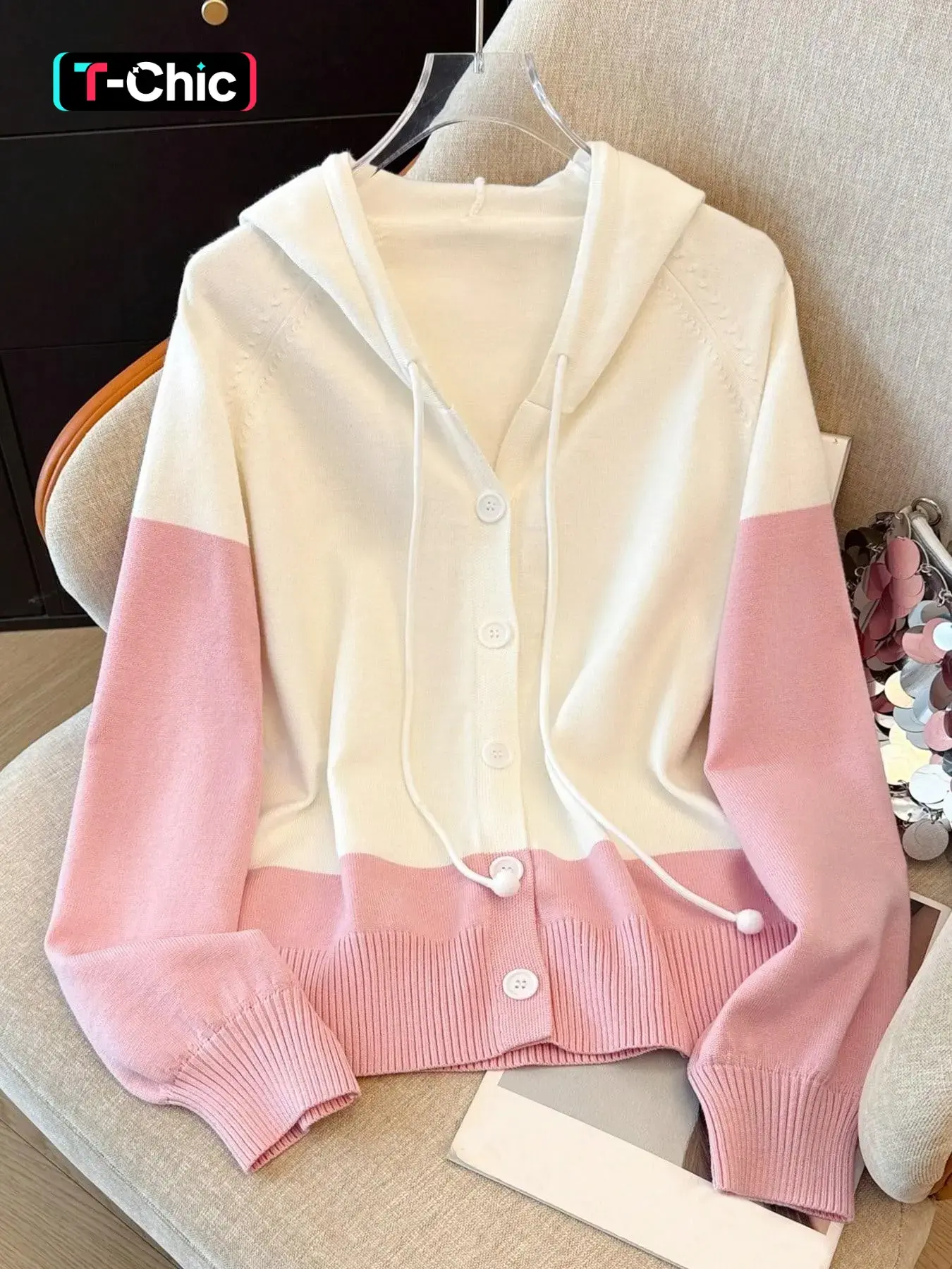 Autumn Winter Sweet Hooded Button Front Sweater Coat, Womenswear Fashion Casual Loose Fit Knitwear Long Sleeve Outerwear, Stylish Relaxed Pullover Jacket, Style