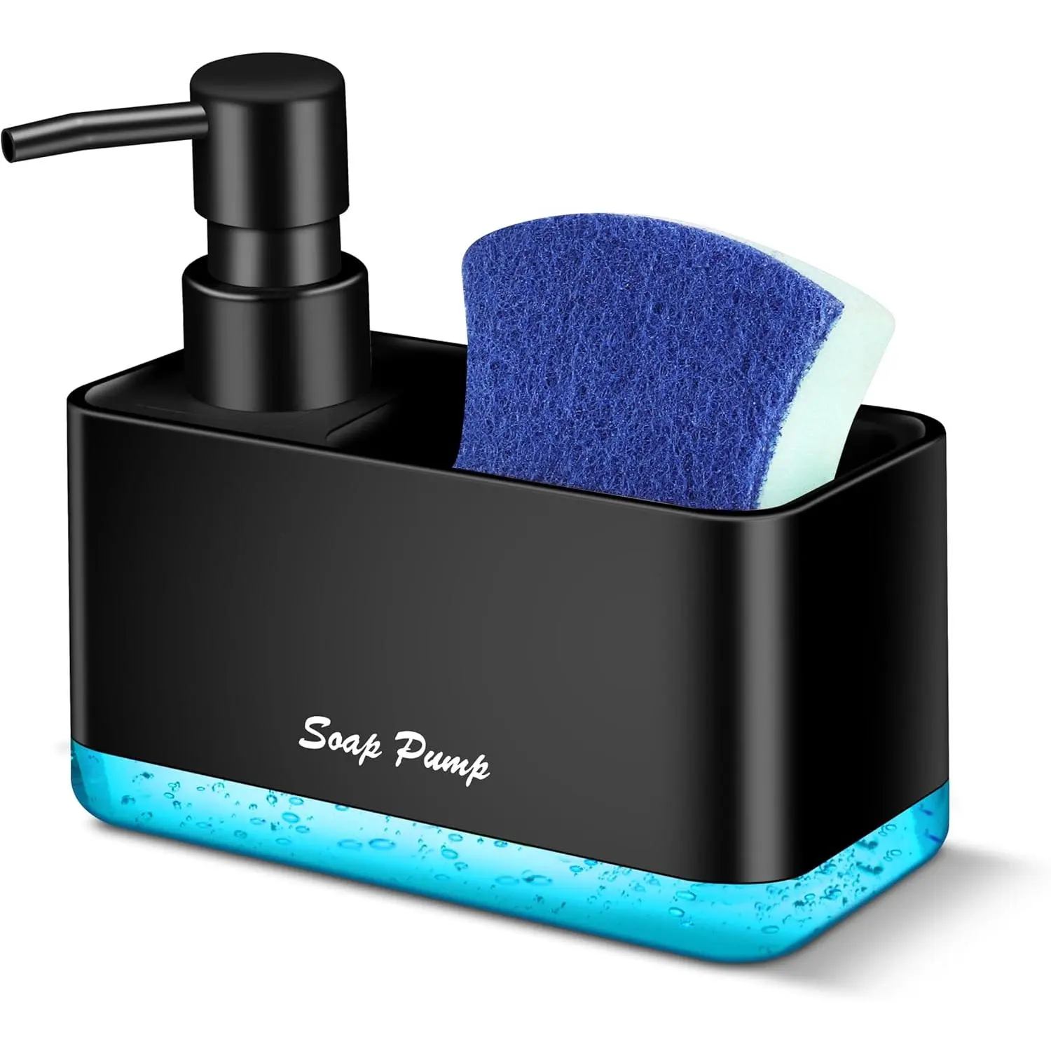 Dish Soap Dispenser with Sponge Holder, 2-in-1 Countertop Small Soap Dispenser for and, Multi-Scene for Dish Soap, Hand Soap,, Body Wash (Black)