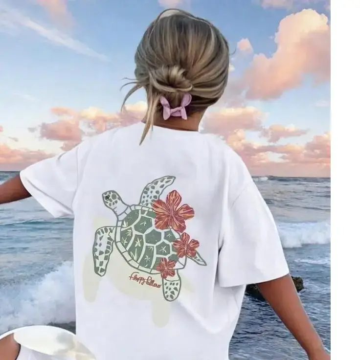 Sea Turtle Hibiscus Graphic Tee Women Oversized Short Sleeve Beachy Summer Vacation Shirt Casual Loose Fit Soft  Crewneck Top