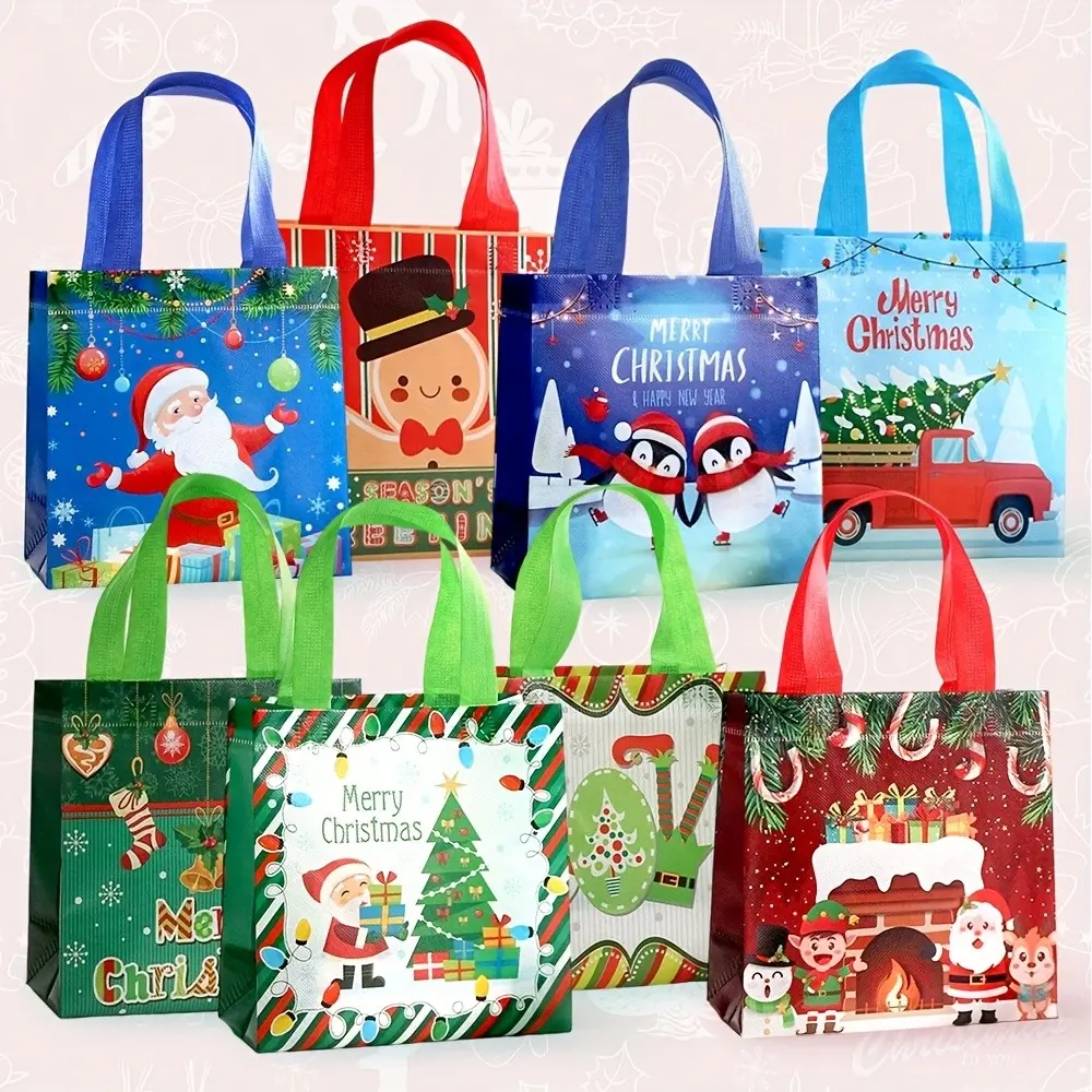 Christmas Theme Gift Bags, Non-Woven Fabric, 12/24/36 Pcs, Santa Claus, Gingerbread Man, Penguin Patterns, Party Festival Handheld Gift Bags