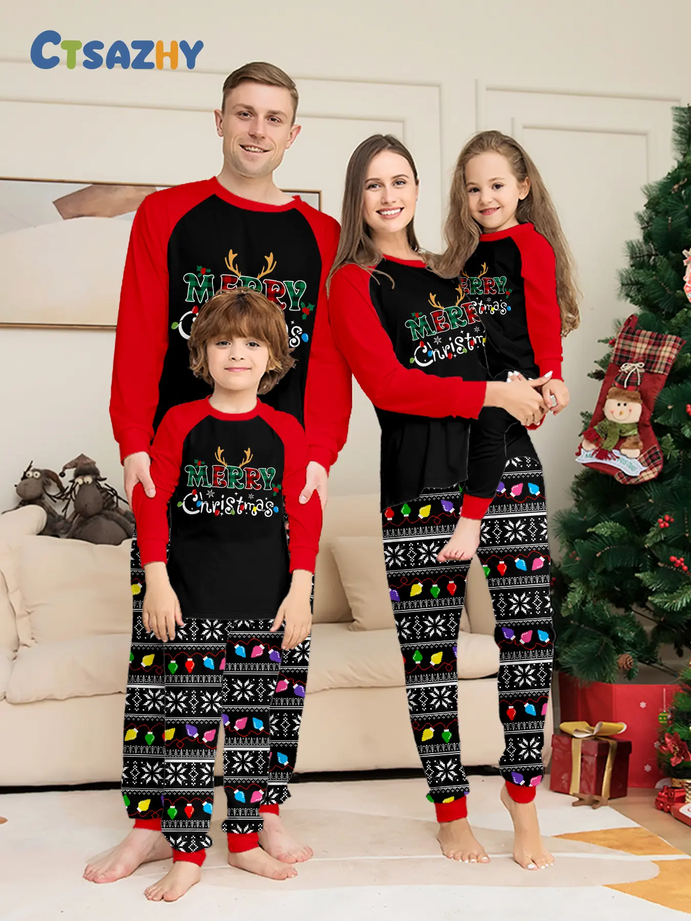 Family Matching Pajama Set, Long Sleeve & Pants, Merry Christmas Print, Soft Fabric, Perfect for Holidays, Gift Idea