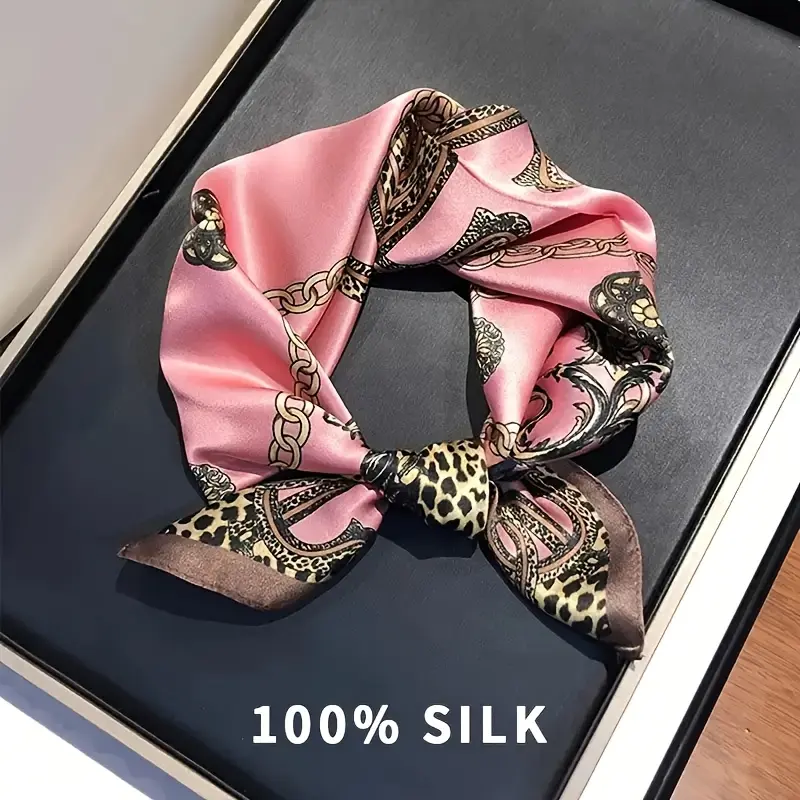 Silk Scarf 100% Silk 70.1cm Square Floral and Leopard Print Breathable Non-Stretchy Hand Washable or Dry Cleanable for Outdoor Decoration