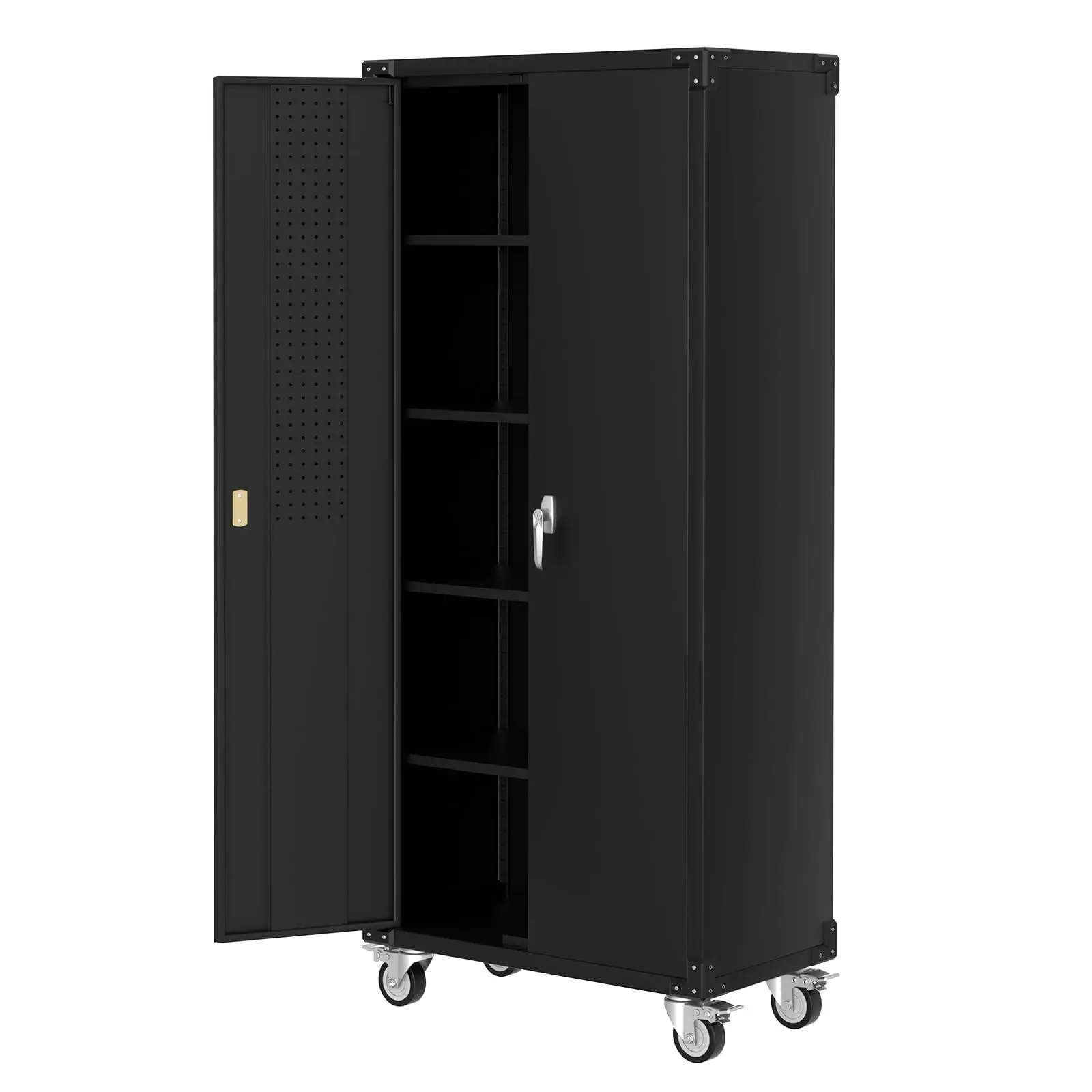 72" Heavy Duty Metal Rolling Garage Cabinet with Lockable Doors, 4 Adjustable Shelves & Pegboard, Mobile Tool Storage Locker for Workshop, Home & Office