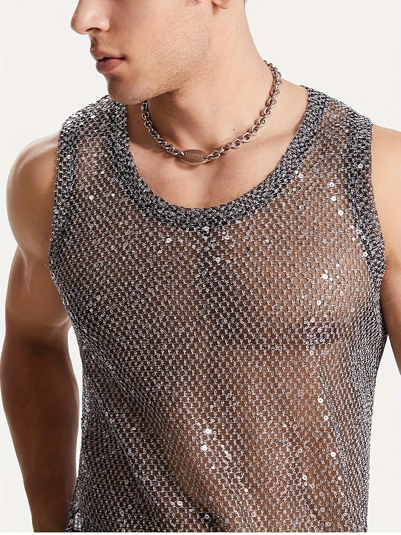 NewBdhjydb Men'S Sexy Sleeveless Vest - Sparkling Sequin Mesh Shirt with Hollowed Out Design, Non-Stretch Slim Fit for Parties, Clubs, Everyday - All-Season Layering Essential - Adult Men'S Fashion Apparel, Party Outfit, Geometric Pattern, Stylish Constru