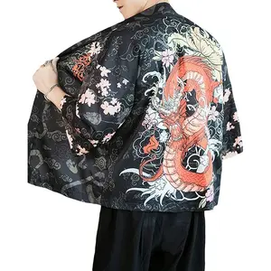 Men's Kimono Cardigan Jacket Japanese Style Flying Crane Seven Sleeves Open Front Coat