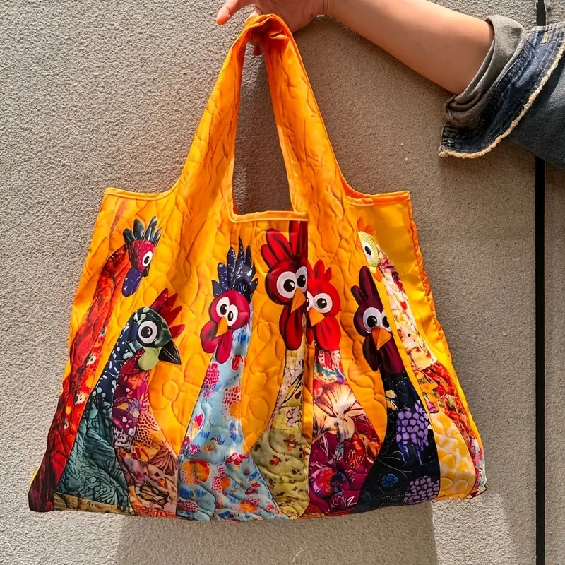 Holiday Rooster Pattern Foldable Storage Bag Made Of Comfy Memory Cloth. Large Capacity Reusable Handbag Meets Your Household Item Organization Demands, Meanwhile Perfect Portable Carry Bag For Daily Supermarket Shopping And Holiday Outing Use.