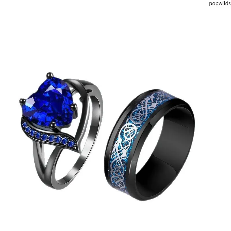 Stainless Steel Couple Matching Rings, Red & Blue Gemstone Fashion Women Ring & Dragon Pattern Domineering Men Band, Romantic Lovers Jewelry Gift