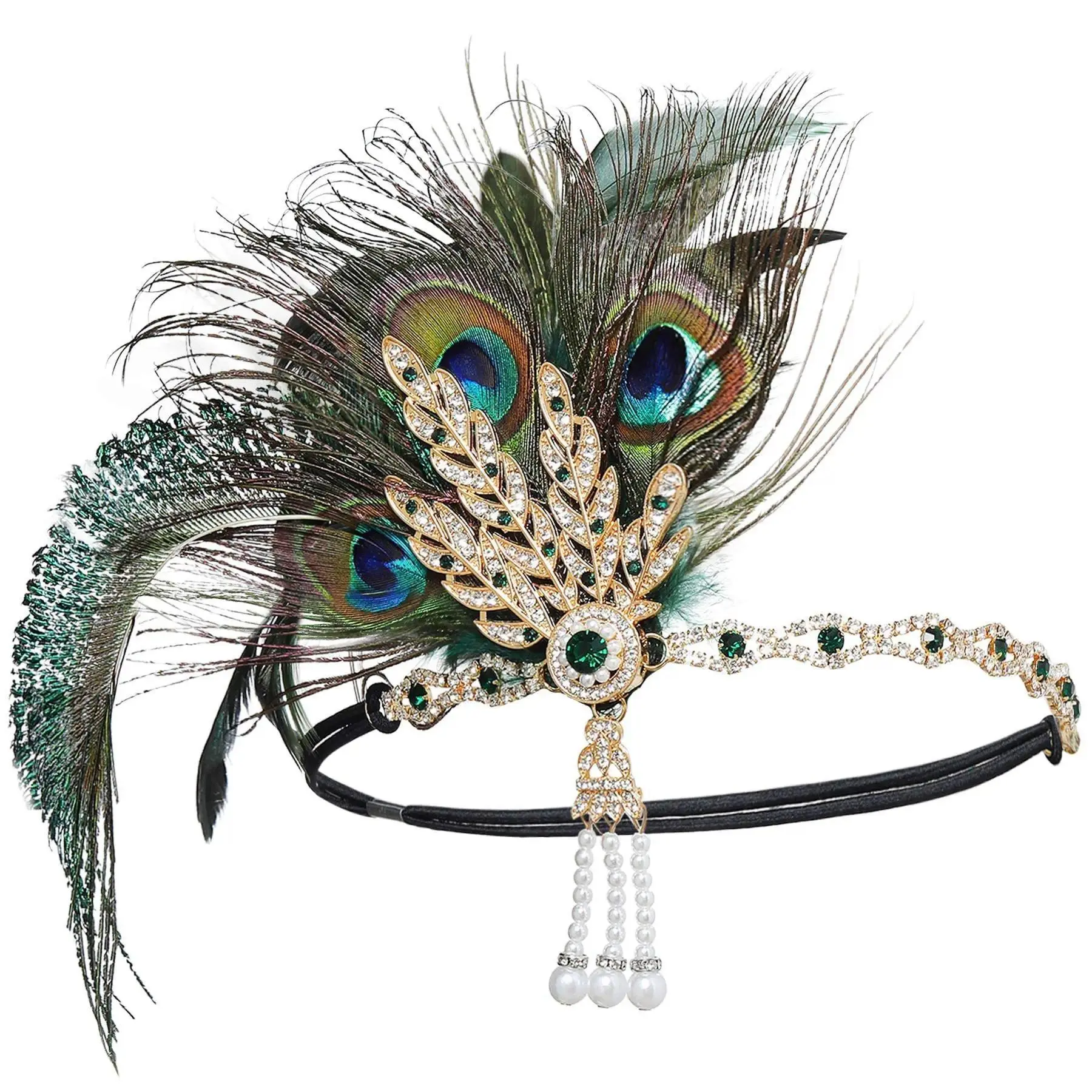 Feathered Hair Accessory for 1920 Flapper Girls, Peacock Feather Headband with Rhinestones & Tassel, Vintage Party Photography Toy Hairpiece