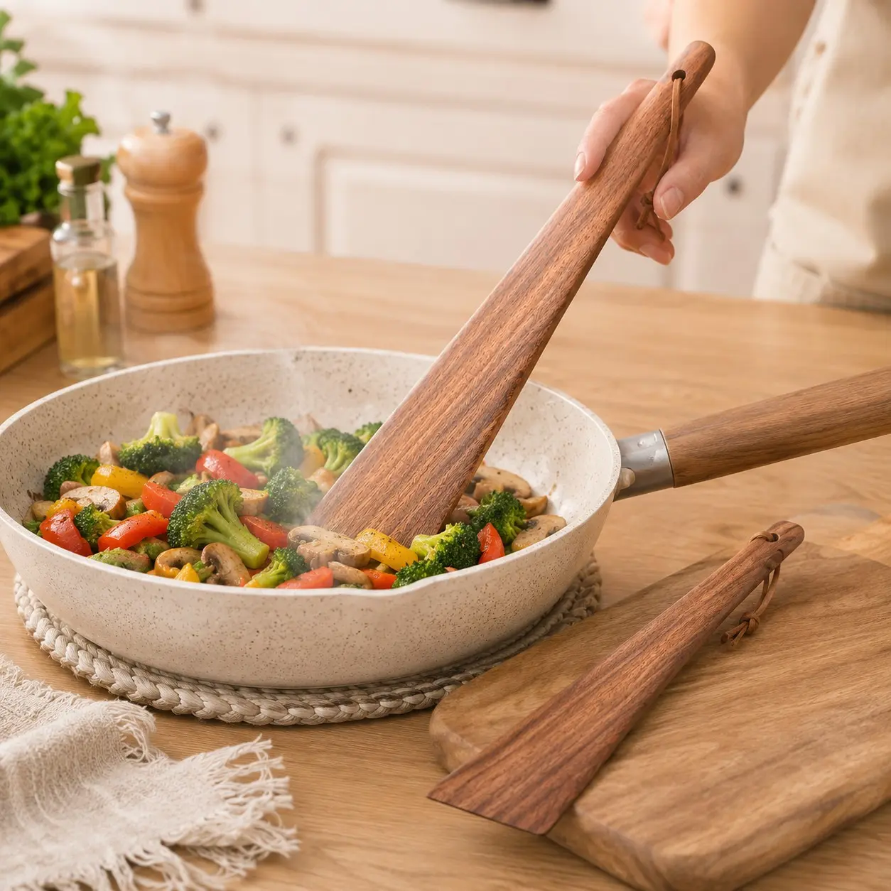 2-Piece Brown Wooden Spatula Set, Large and Small Flat Cooking Turners with Hanging Loops for Stir-Frying, Mixing and Serving