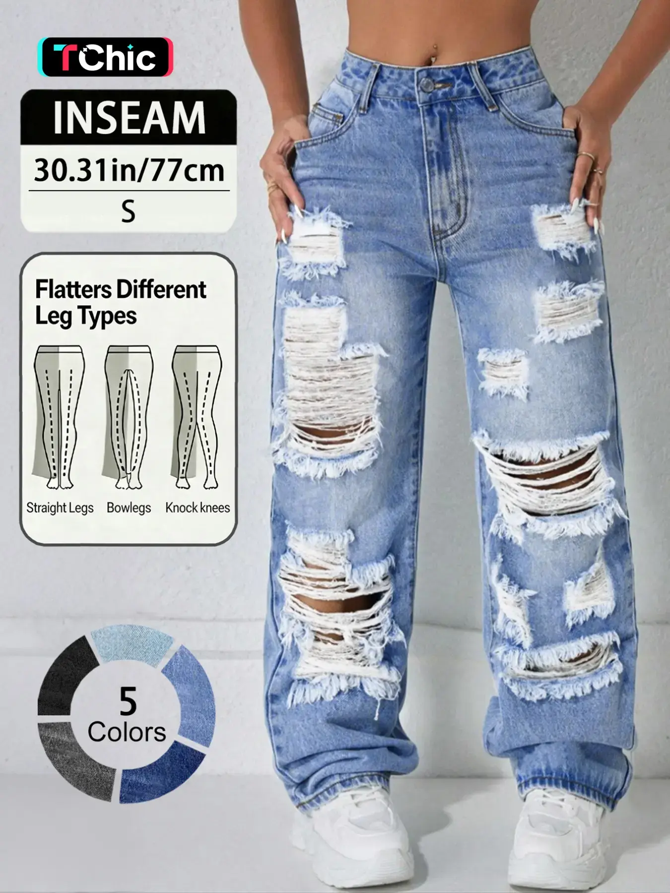 Fashion Street Style High Waist Pocket Ripped Denim High Rise Jeans, Women's Loose Baggy Straight-Leg Pants for Spring Summer Fall, Trendy Casual Wear, Streetwear, Womenswear