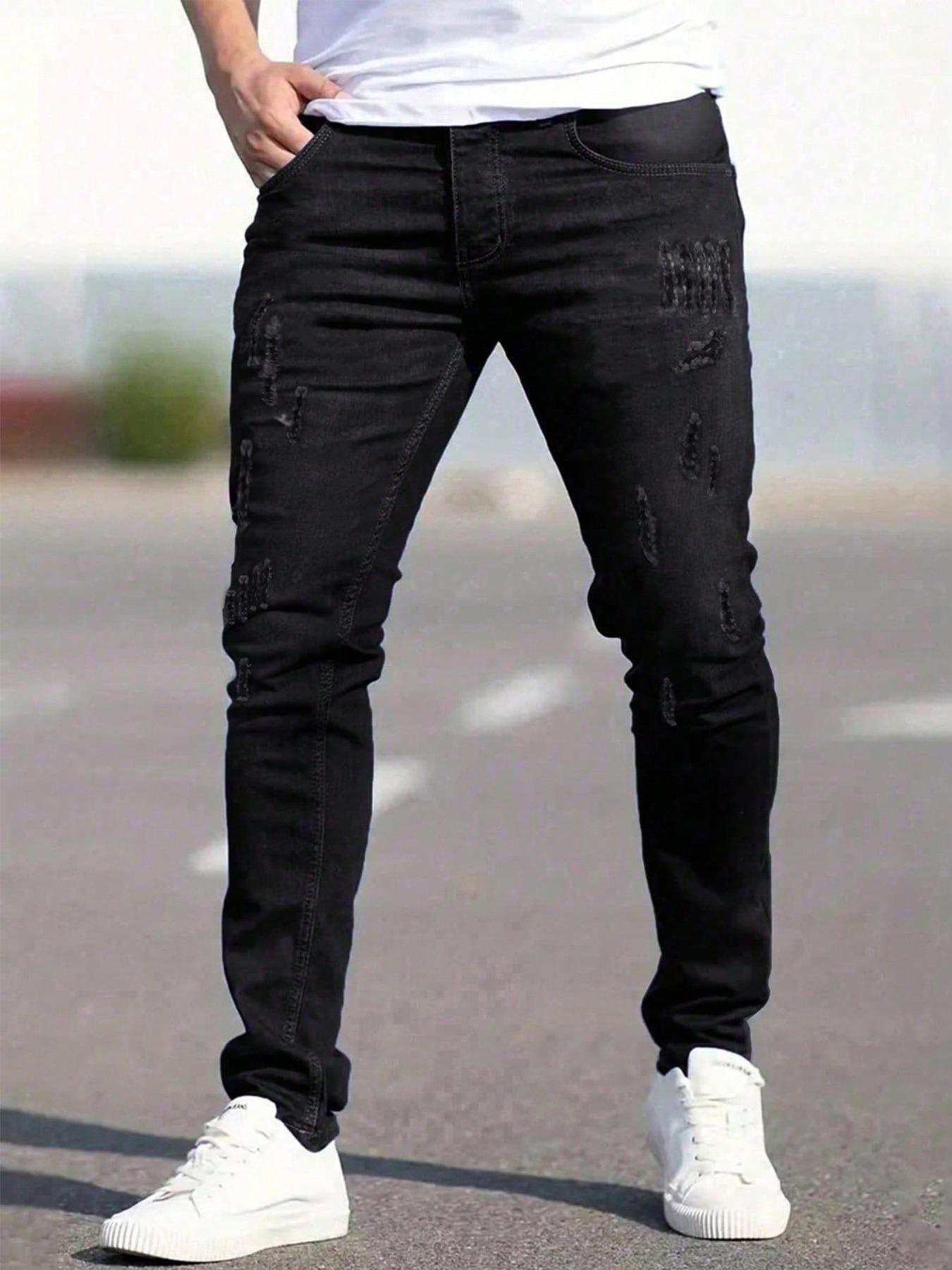 Men's Ripped Straight Leg Pocket Design Denim Jeans, Casual Comfy Regular Fit Jeans for Daily Wear, Fashion Men's Bottoms for All Seasons