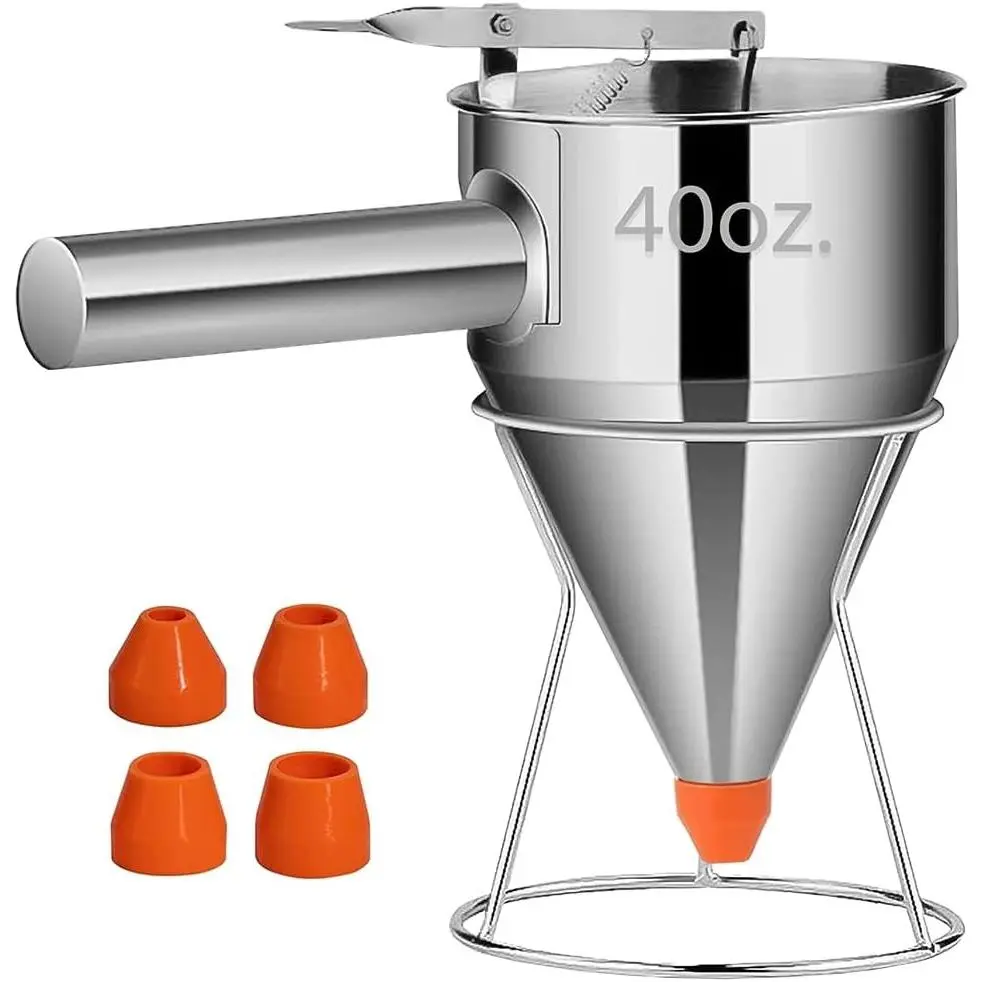 Pancake Batter Dispenser – 40oz Stainless Steel No-Drip Funnel, 4 Interchangeable Silicone Nozzles, Easy Control Batter Dispenser for Pancakes, Cupcakes, Funnel Cakes, Muffins & More