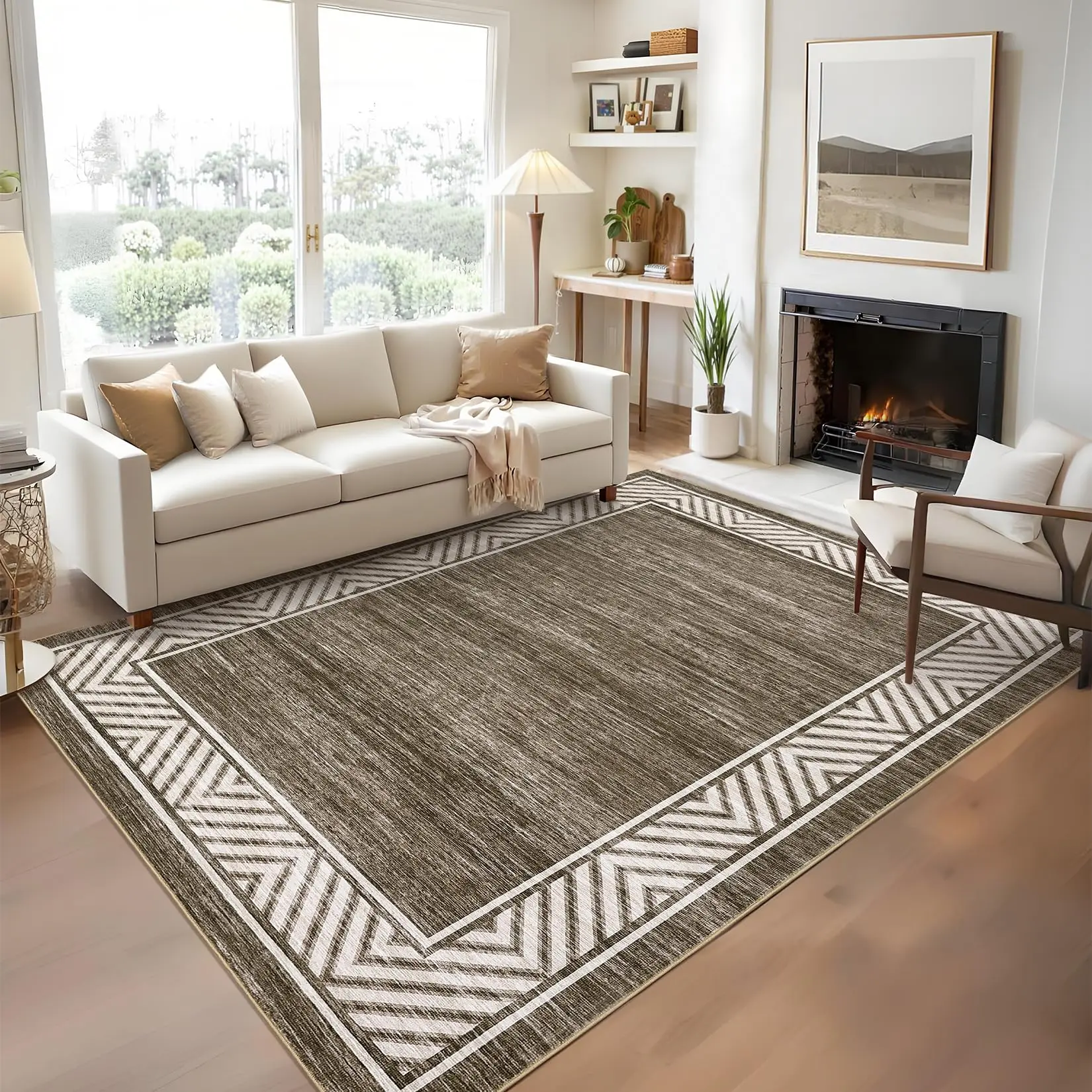 Garvee 9x12 Modern Geometric Bordered Area Rug in Brown - Washable, Foldable, Minimalist Design with Stain Resistance, Easy to Clean, Reinforced Edges and Backing for Living Room, Bedroom, Entryway