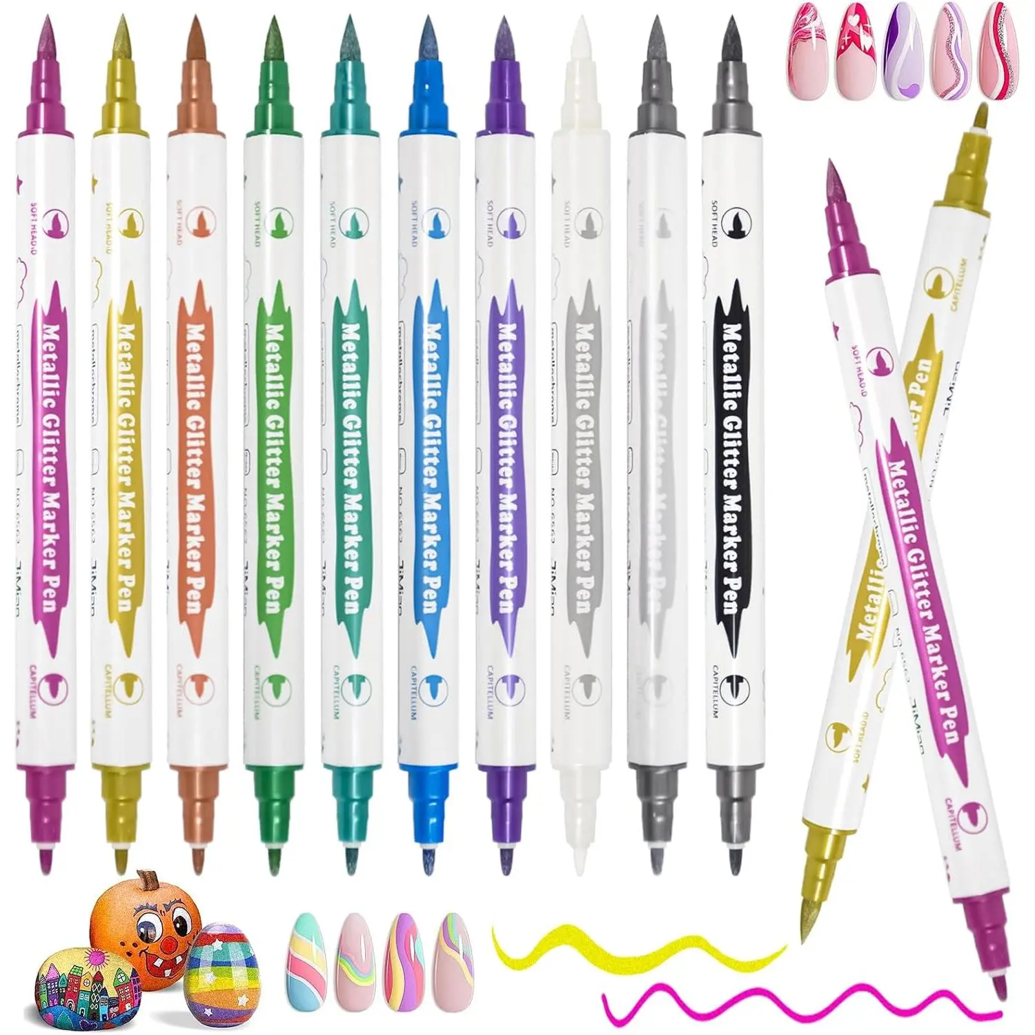 10-Color Metallic Brush Tip Markers with Fine Points, Art Highlighters for Black Paper, Rock Painting, Office Stationery Writing & DIY Craft Projects, Brush Tip Marker