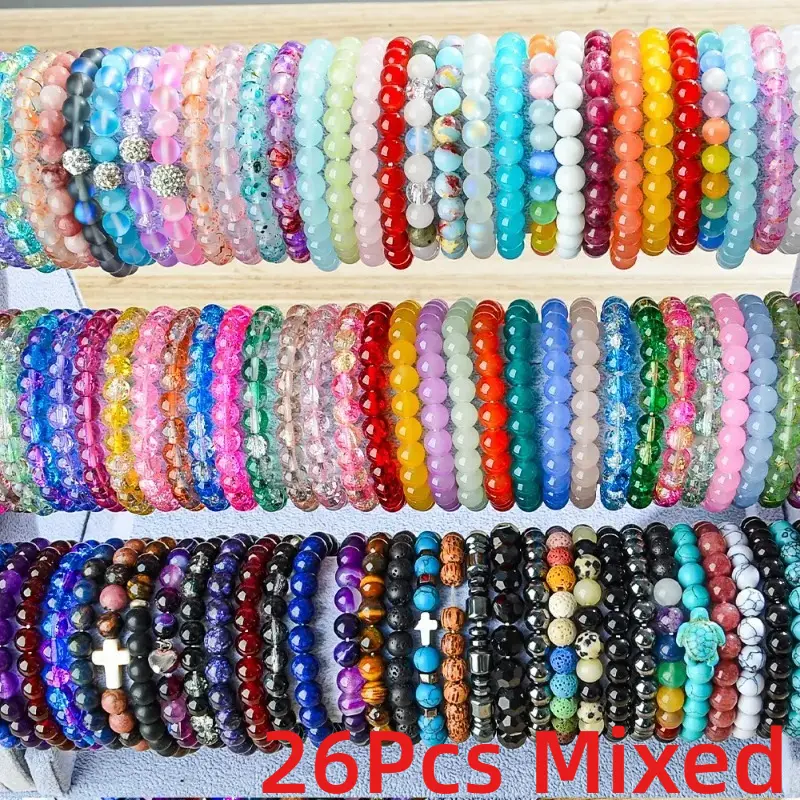 Unisex 26pcs Handmade Bohemian Mixed Beaded Bracelets Set - Multicolored Cracked Glass Bead Accessories, All-Match Palette for Casual Everyday Outfits, Holiday Gifts, Safe Materials, No Harmful Components, Daily, 26Pcs Mixed, Beaded Bracelet Pack, Assorte