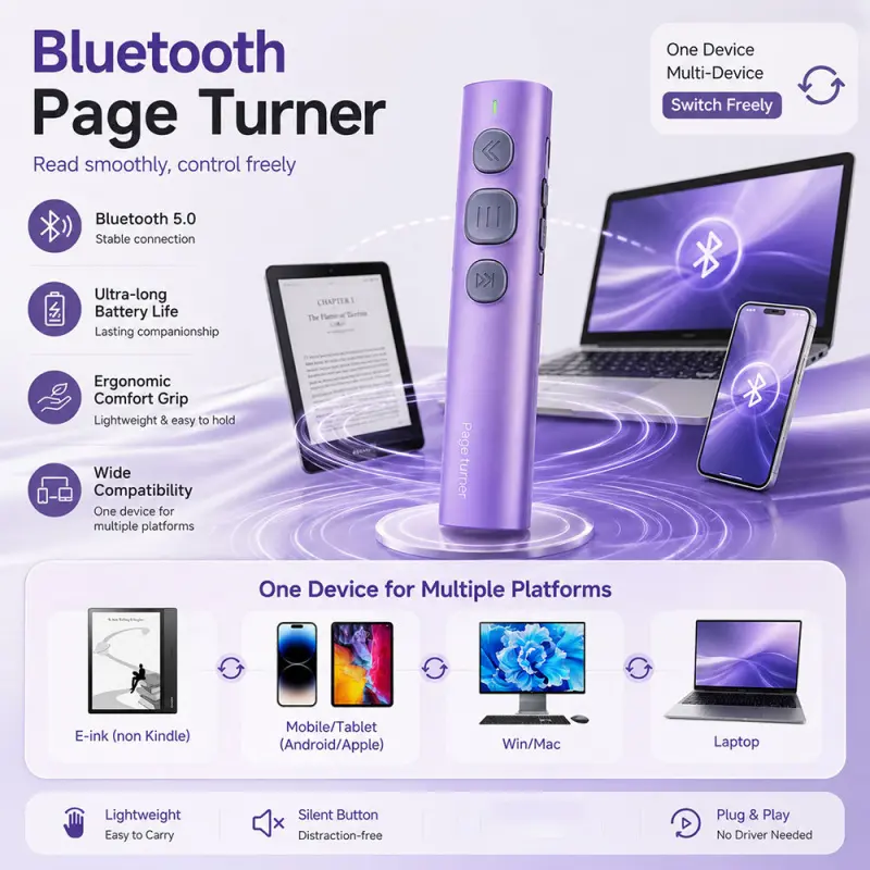 Wireless E-Book Page Turner, Handsfree Scrolling Remote Control, Remote Controller for Phones/Tablets, Remote Controlled, for reading, binge-watching & web browsing, Features remote camera shutter, multi-device support & long battery life