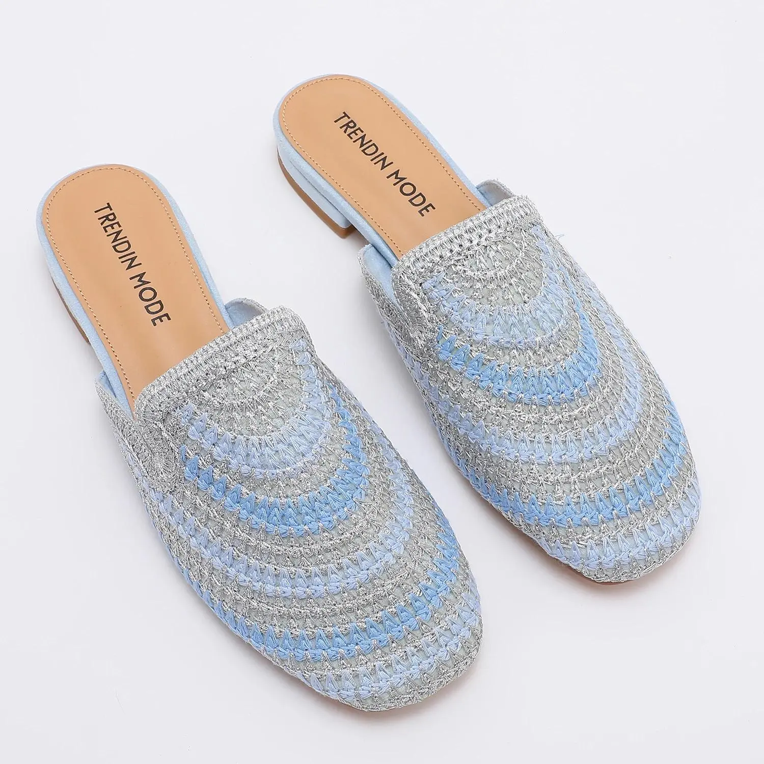 Women's Woven Knit Mules, Breathable Square Toe Slip-On Flats with Cushioned Insole, Modern Multi-Color Casual Shoe, 2cm Low Heel