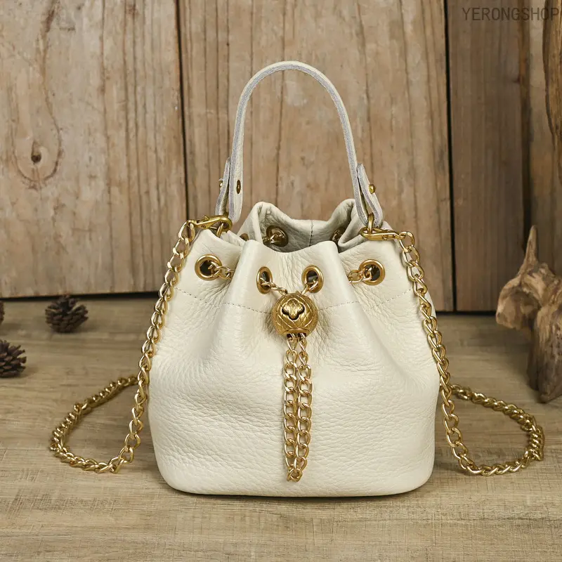 Women's Crossbody Bag, Vintage Vegetable Tanned Leather Bucket Purse with Gold Chain Drawstring, Retro Convertible Shoulder Handbag for Daily Use, Crossbody Bags For Women, Bags For Women