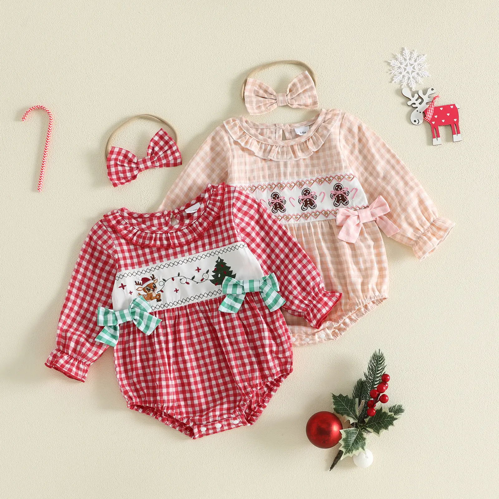 Babamoon Cotton Blend Newborn Infant Baby Girl Christmas Romper Outfit Set - Puffy Long Sleeve Bubble Romper, Reindeer Print Headband, Prop 65 Safe Girl Wear for 0-18M, Puffy Sleeves
