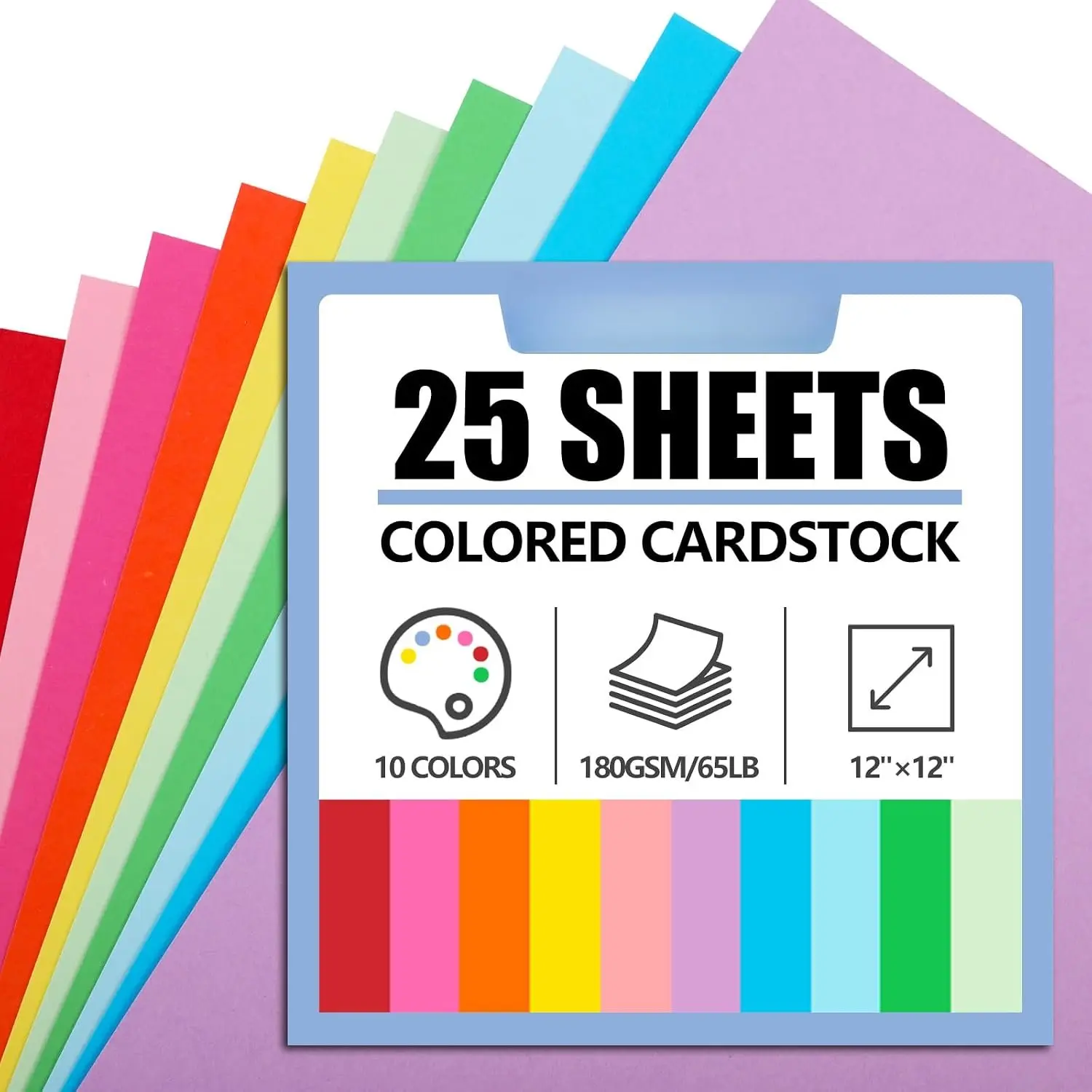 Thick 25-Sheet Colored Cardstock Paper Pack, 12x12in 10-Color 180GSM/65LB Construction Printer Paper for DIY Crafting, Scrapbooking Supplies