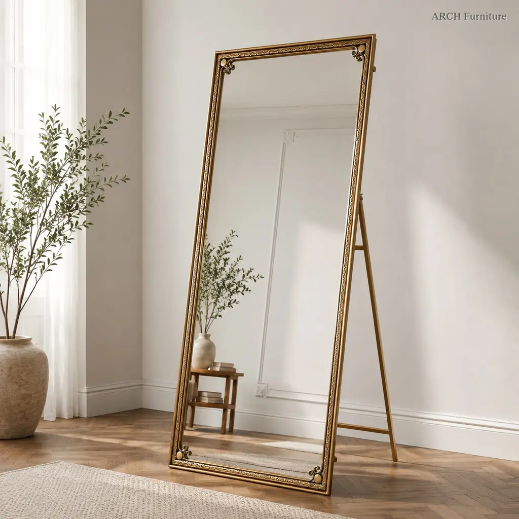 Antique Gold Arched Full-Length Mirror, 70.1"x31.9" Explosion-Safe Glass, Cast Iron Stand, Wall Hanging or Leaning, Vintage Vanity Mirror for Bedroom