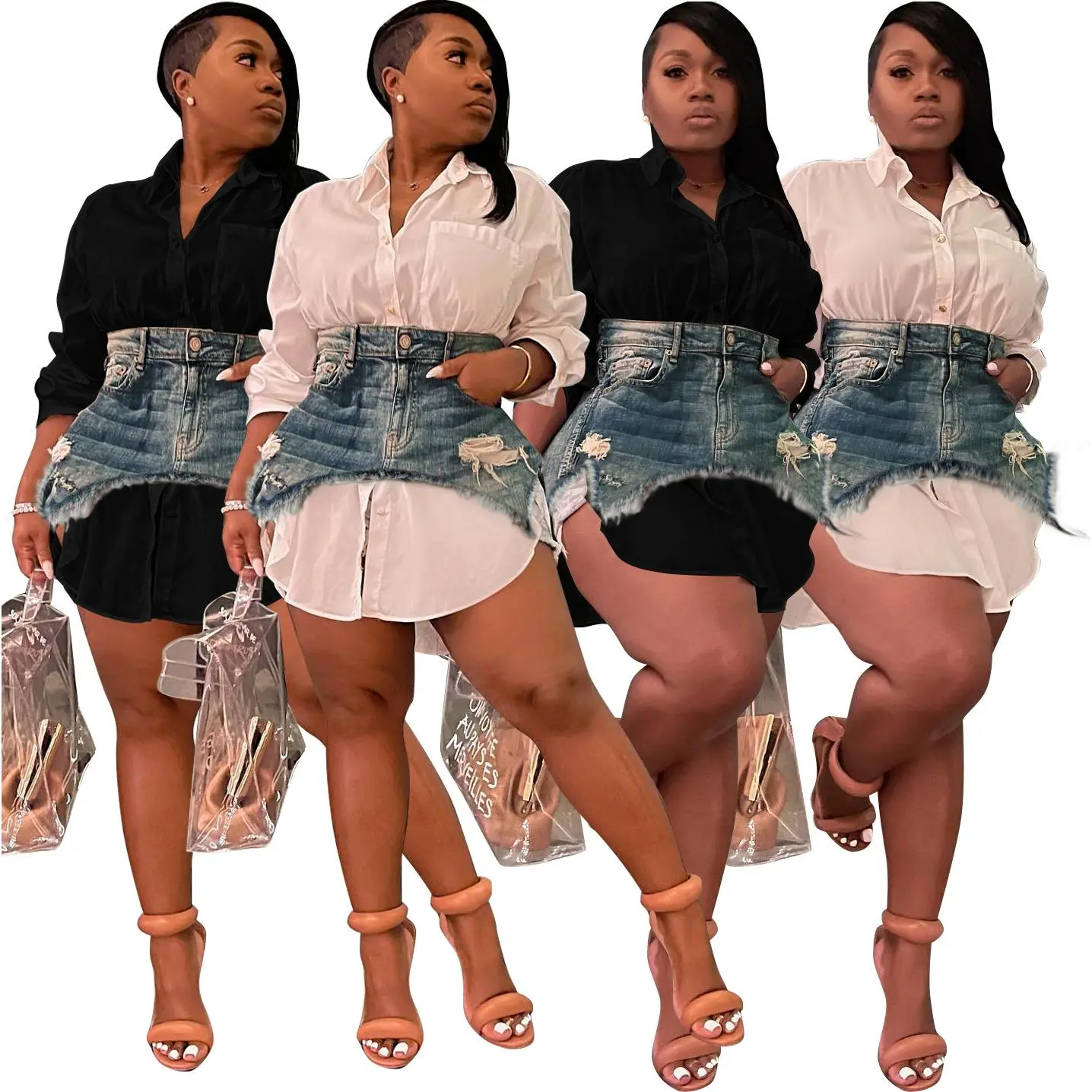 Women's 2-Piece Sports Streetwear Set, Vintage Edgy Layered White Oversize Shirt & Ripped Denim Skirt with Asymmetric Hem, Bold Leg-Focused Outfits, Denim Two Piece Set