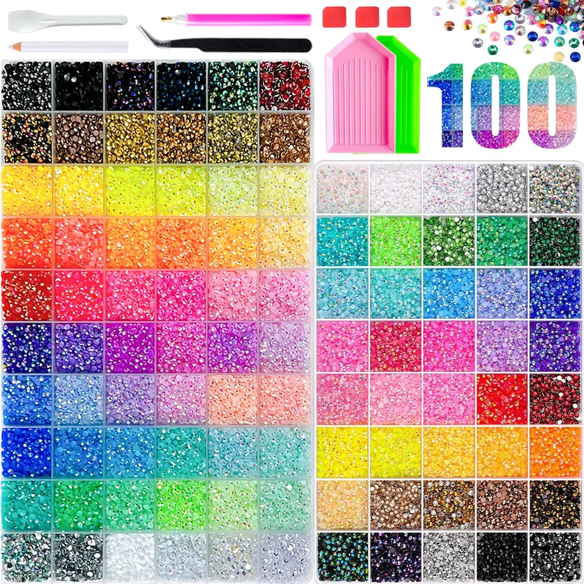 1Set 100 Colors Mini Jelly AB Colored Nail Rhinestones Charms Bling Rhinestone 3mm Semi-circle Glitter Flatback Resin Nail Diamond Nail Rhinestones Bedazzling Kit DIY Headphone Cup Book Shoes Nail Art Crafts