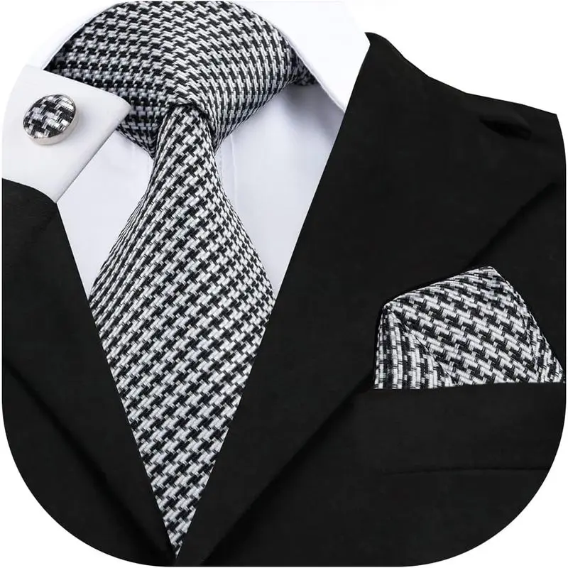 Hi-Tie Men's Silk Houndstooth Necktie Set, Black-White & Paisley Design, with Handkerchief & Cufflinks, Classic & Versatile, Smooth & Comfortable Fabric, Easy to Match with Shirts & Suits, for Business, Weddings, Parties, Classic And Versatile Design, All