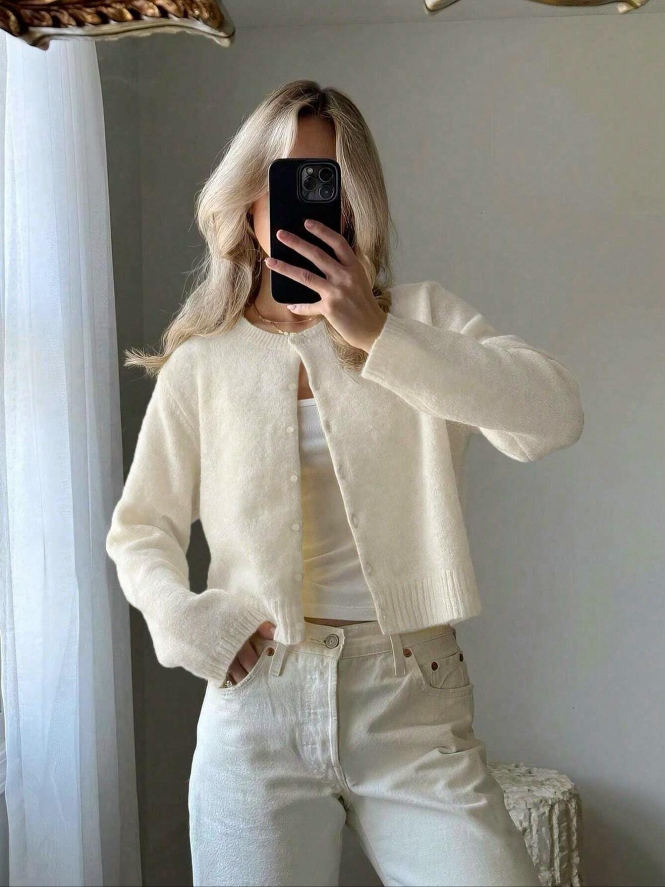 Women's Solid Color Button Front Cardigan, Casual Long Sleeve Knitwear for Spring & Fall, Fashion Women's Knit Clothing for Daily Wear