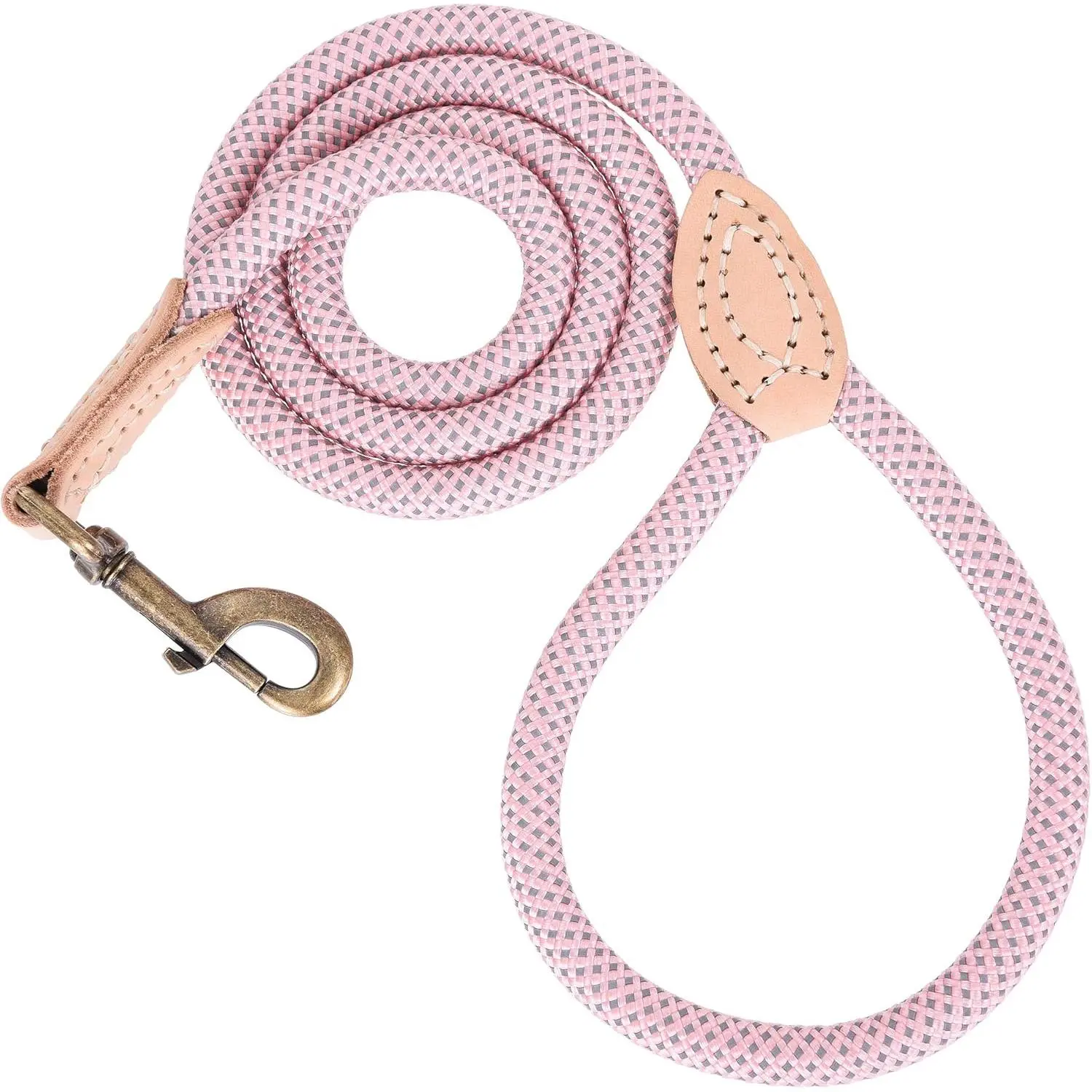 Dog Leash, Rope Leash with Genuine Leather Connection and Heavy Duty Metal Clasp, Great for Small Medium Large Dogs(Pink,48 Inch)