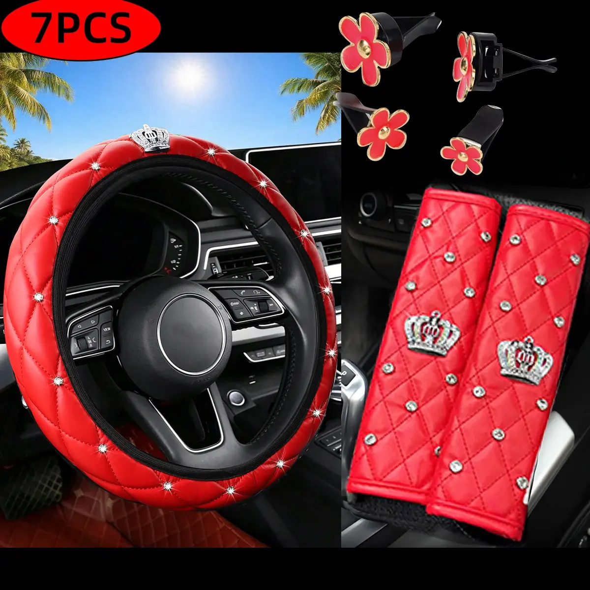 7-Piece PU Leather Crown Shiny Automotive Decorative Accessories Set, Steering Wheel Cover, Handbrake Cover, Daisy Air Vents Clip, Women's Car Interior Decor, Car Decorations Interior, Vehicle Decoration