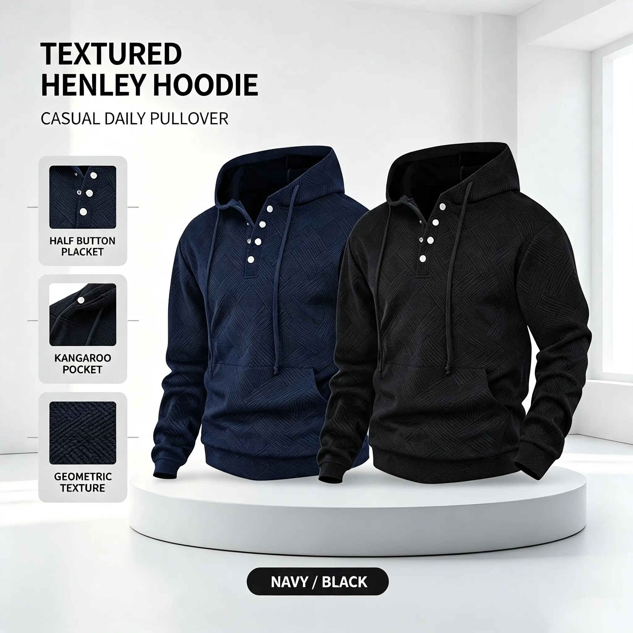 Retro Quilted Hooded Sweatshirt Men Half Button Placket Hoodie Street Daily Long Sleeve Pullover