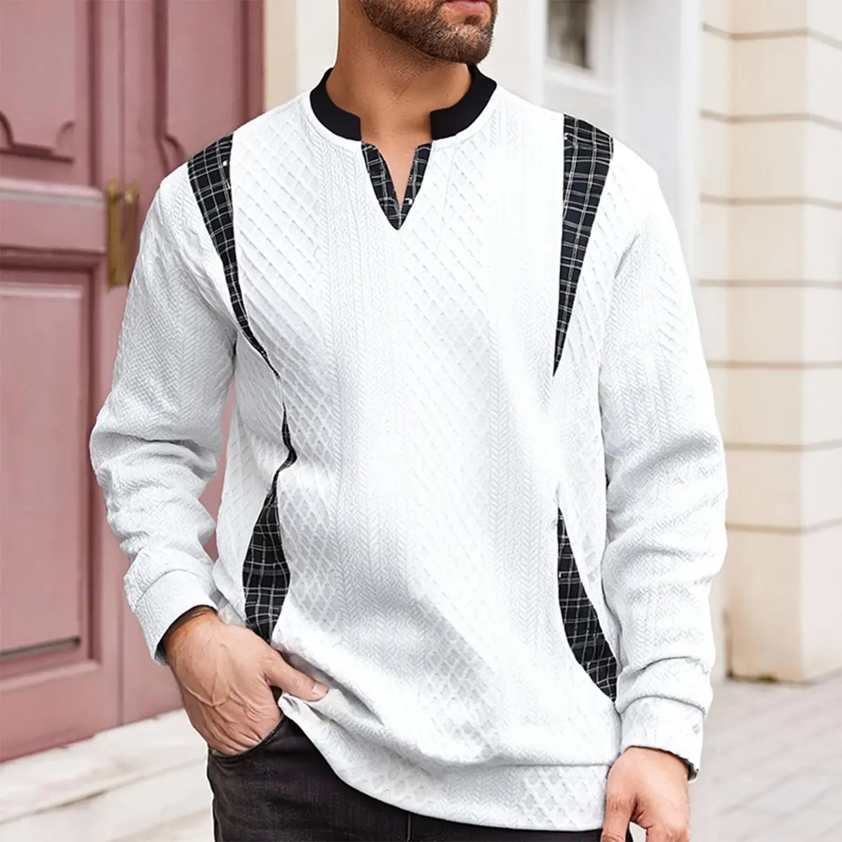 Men's Long Sleeve Crewneck Pullover & V-Neck Top - Polyester, Diamond-Patterned, Plaid-Spliced, Retro Color-Block, Striped, Contrast Stripes, Foldable Casual Autumn Winter Streetwear Sweatshirt