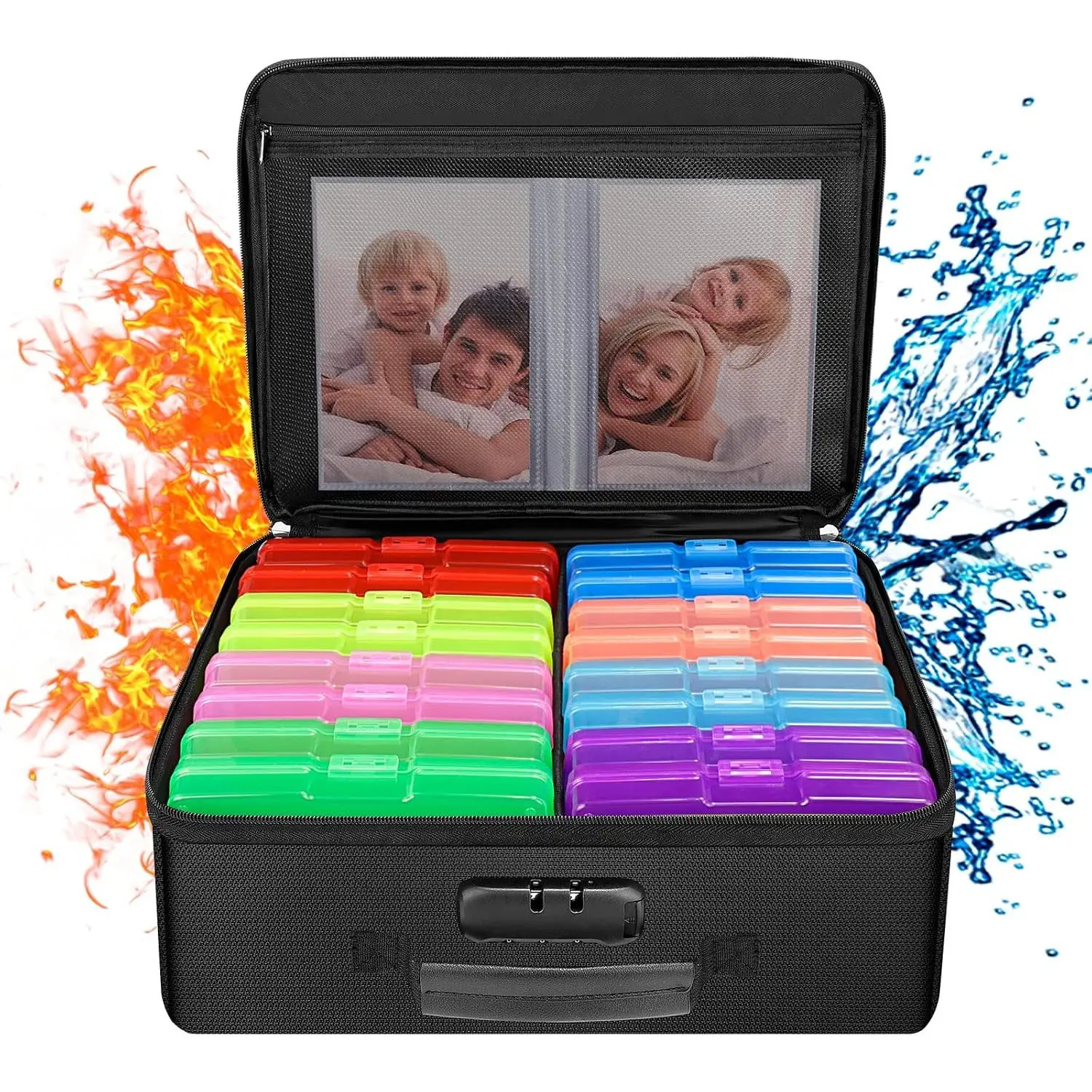 Fireproof Photo Storage Box with 16 Inner 4" x 6" Photo Cases(Multi-Colored), Photo Organizer with Lock, Collapsible Portable Photo Safe Containers with Handle for Photos, Picture, Craft