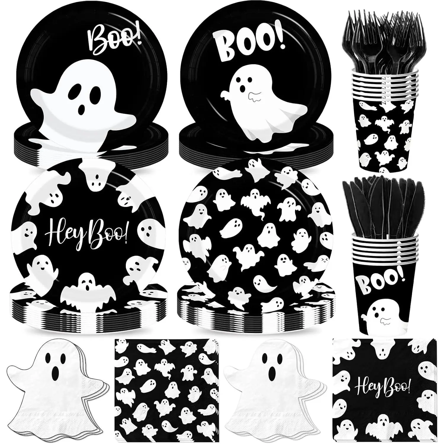 Halloween Paper Plates and Napkins, 144Pcs Black Ghost Plates and Napkins Cute Ghost Tableware Set for Halloween Birthday Party Decorations Baby Shower Party Supplies (Black)