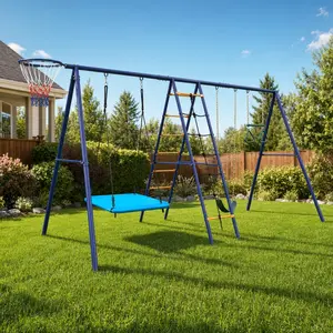 6-in-1 Kids Backyard Playground Set - Outdoor Swing with Climbing Ladder, Net, Trapeze Bar, Hammock, Belt Swing, Basketball Hoop, 157 x 71 x 79 Inches, 90 lbs
