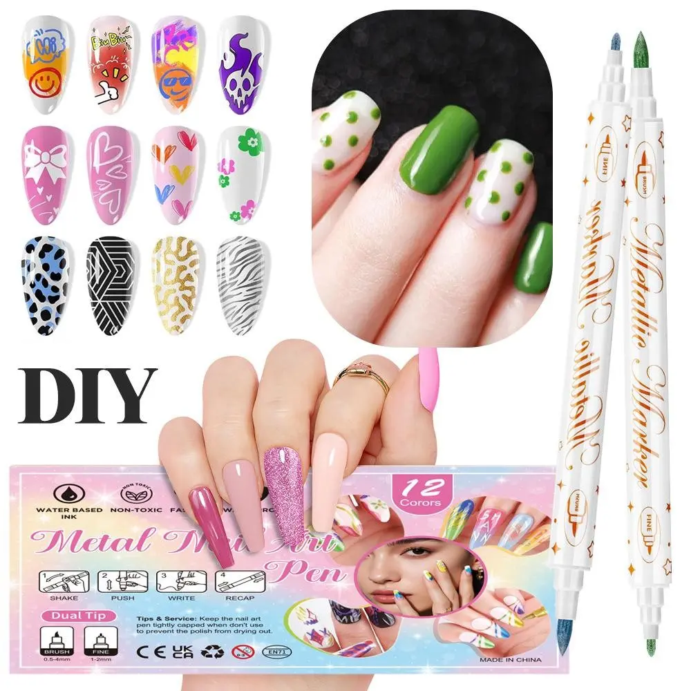 Double-Ended Nail Art Marker Pen Set, Fluorescent Tip Design for Abstract & Floral Patterns, DIY Manicure Tool for Home Use