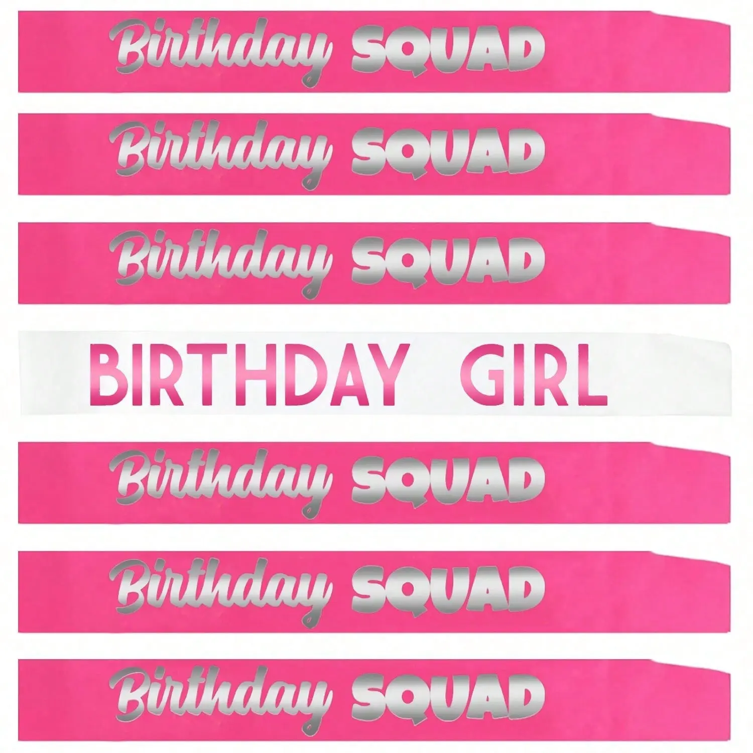 7-Piece Birthday & Team Sash Set, Funny Decorative Party Favor Sashes for Women. Suitable for 16th, 18th, 21st, 25th, 30th, 40th, 50th birthdays and other birthday occasions. Available in White & Hot Pink.