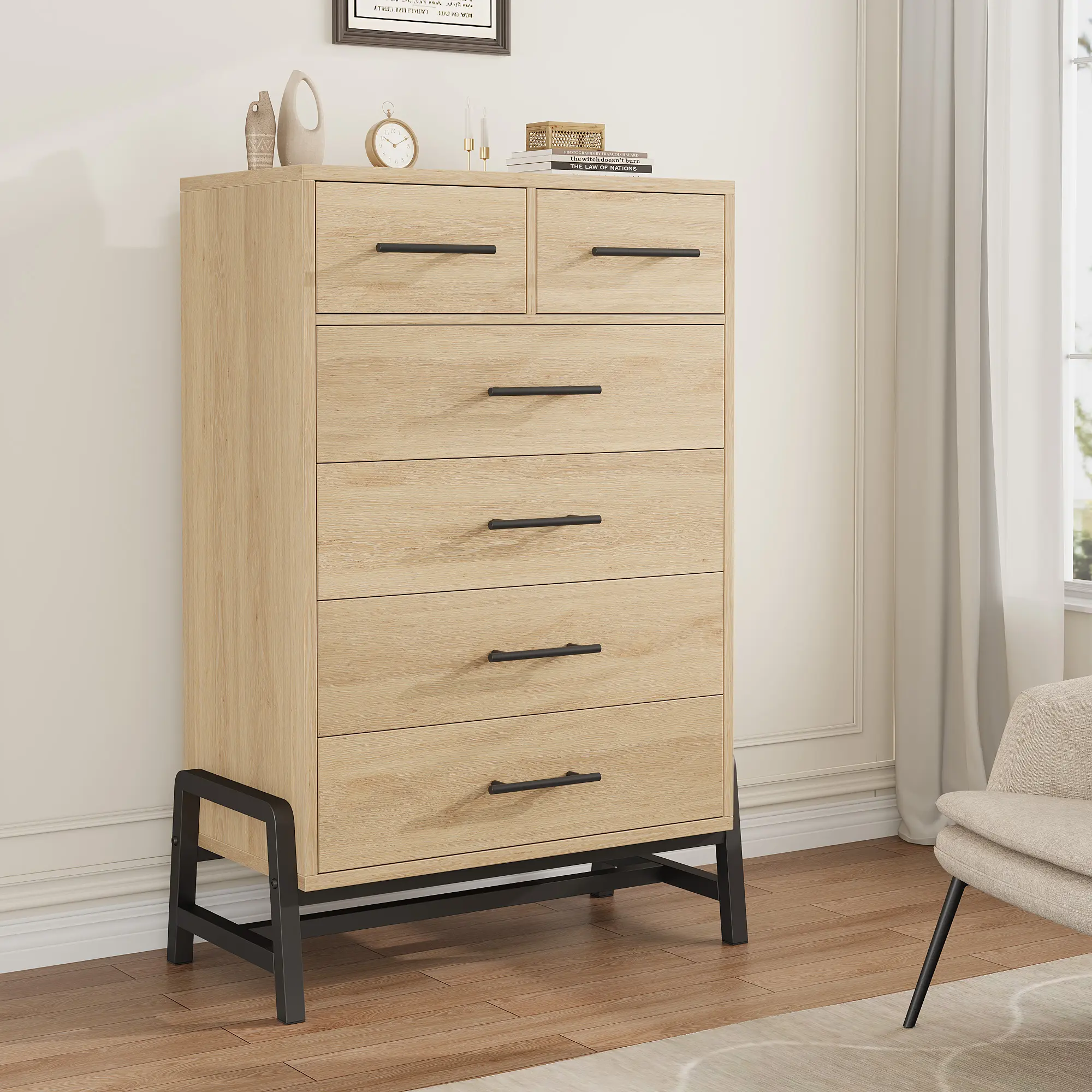 Spacious Storage Solution Tall 6-Drawer Dresser, Modern Wooden Chest for Bedroom & Living Room, Freestanding Cabinet with Ample Drawers for Clothes, Accessories, Home or Office