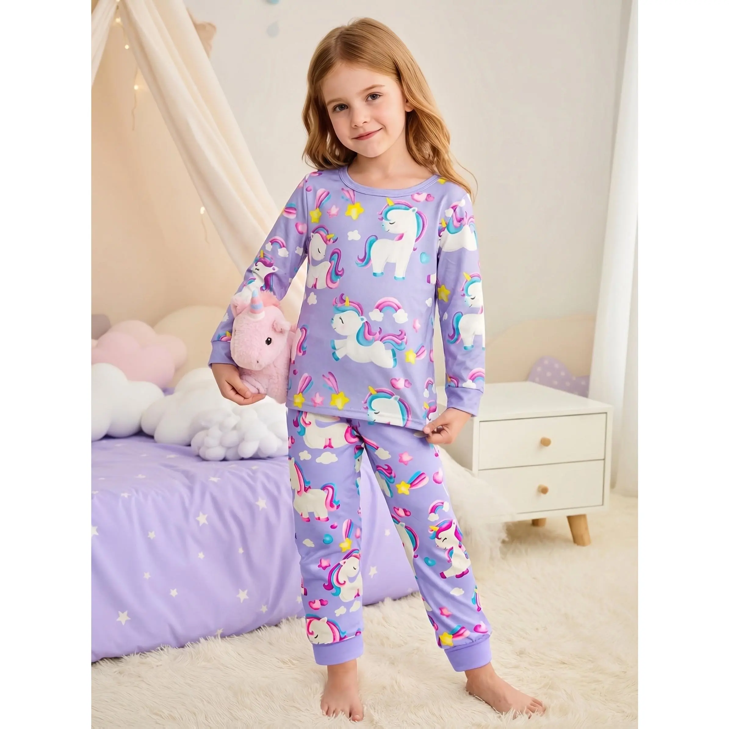 Girls' 2-Piece Pajama Set - Long Sleeve Tops, Ankle-Cinch Pants, Starry Rainbow & Cartoon Unicorn Designs, Polyester Blend with Elastane, Machine Washable Comfortable Sleepwear