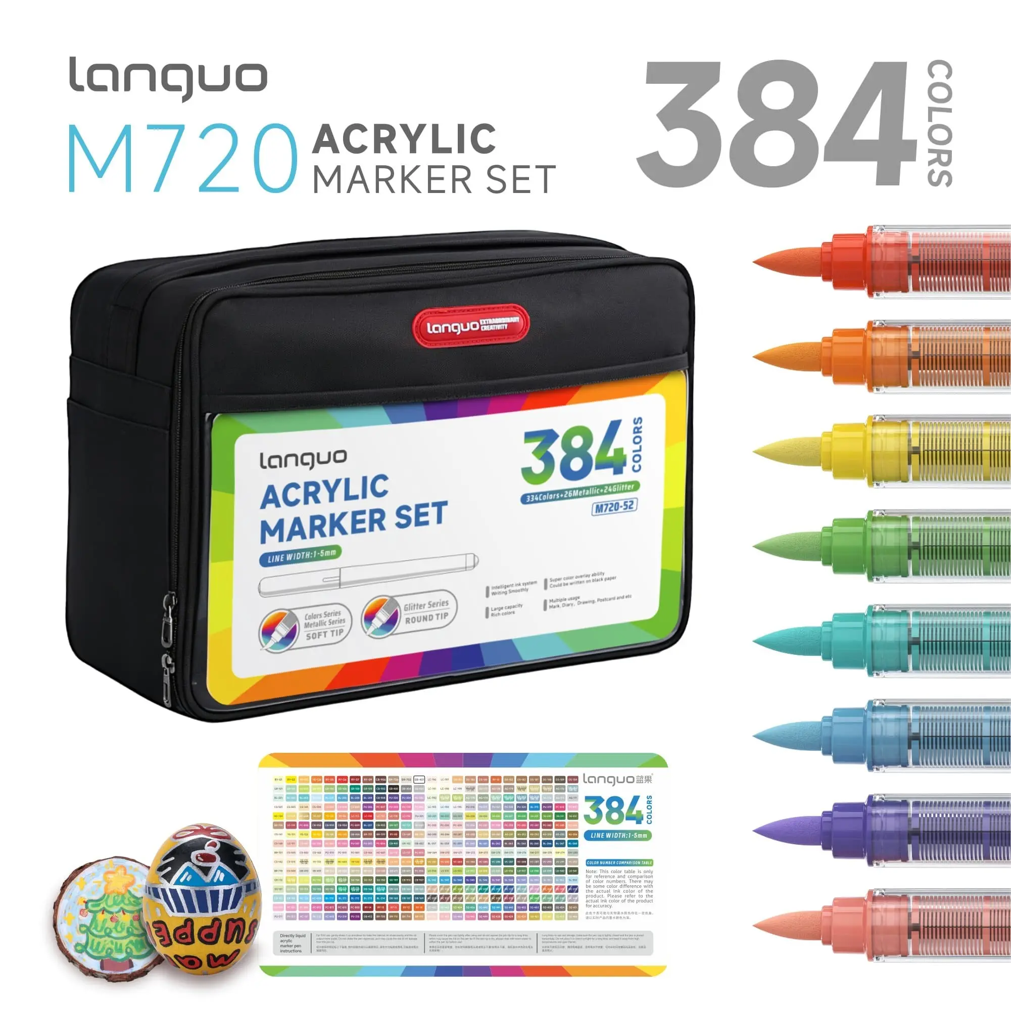 Languo 384 Color Hand Painting Set, Portable with Color Card, Dual Tip Pens, Ideal for DIY, Art, Gifts, Professional Use