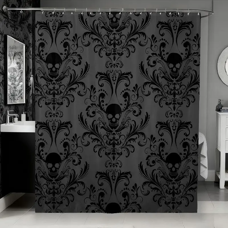 Gothic shower curtain set, vintage Victorian style floral exotic skull bathroom decoration, 72 inches wide x 72 inches long, skull Bohemian Baroque style decoration, housewarming gift, 12 hooks