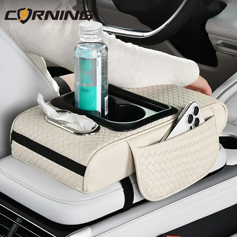 Car Center Console Armrest Pillow, 2 Side Storage Bag Cup &Phone Holder, Auto Armrest, Universal Fit ,Memory FoamLeather 4 in 1 Vehicle Arm Rest Cover with Tissue Box, console storage box pillow cushion