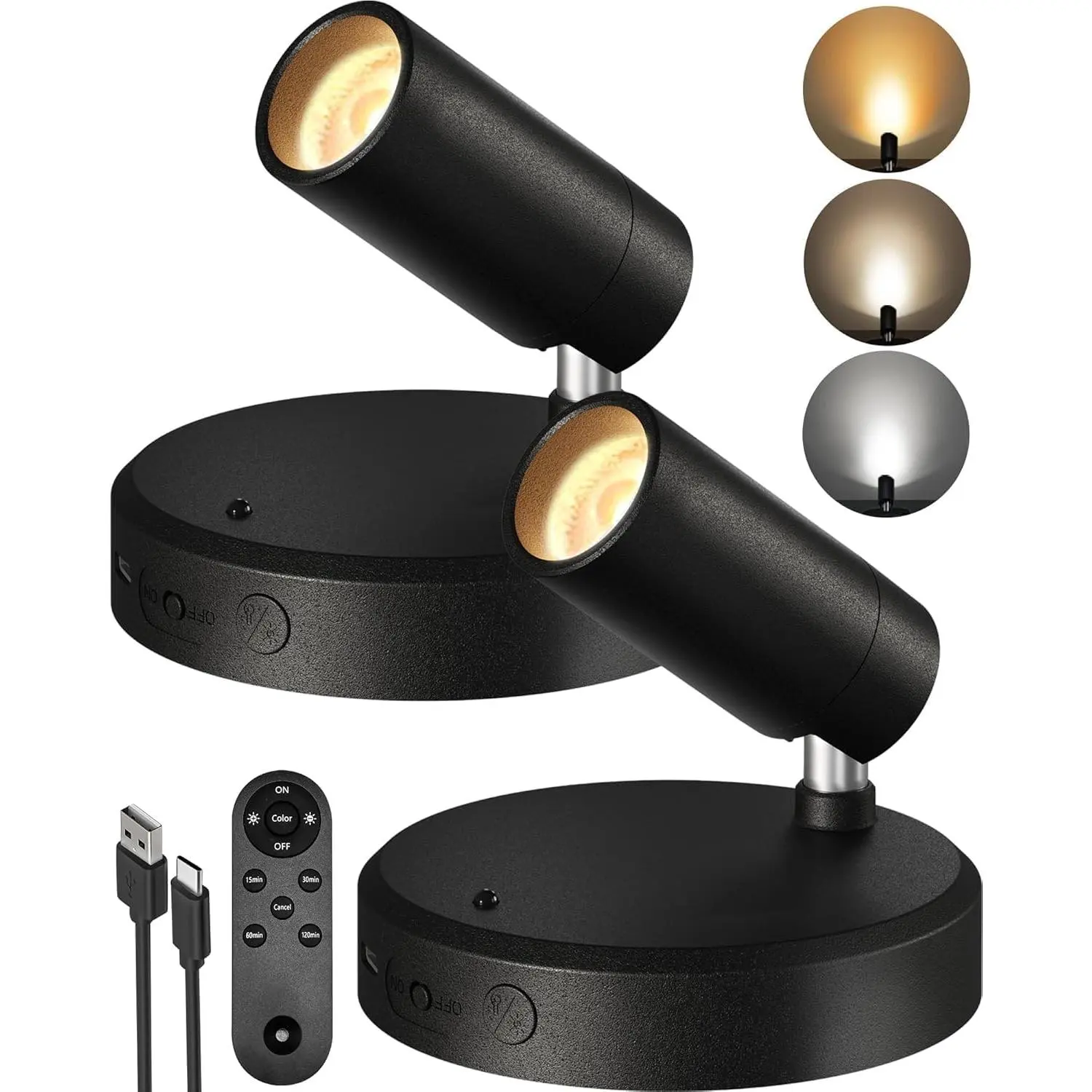 EZVALO LED Indoor Spotlights (2-Pack Black) - ABS Plastic, 5500mAh Rechargeable, Remote Control, Timer On/Off, Dimmable 3-CCT Wireless Uplights for Art, Wall Decor, Led Lights, Indoor Use