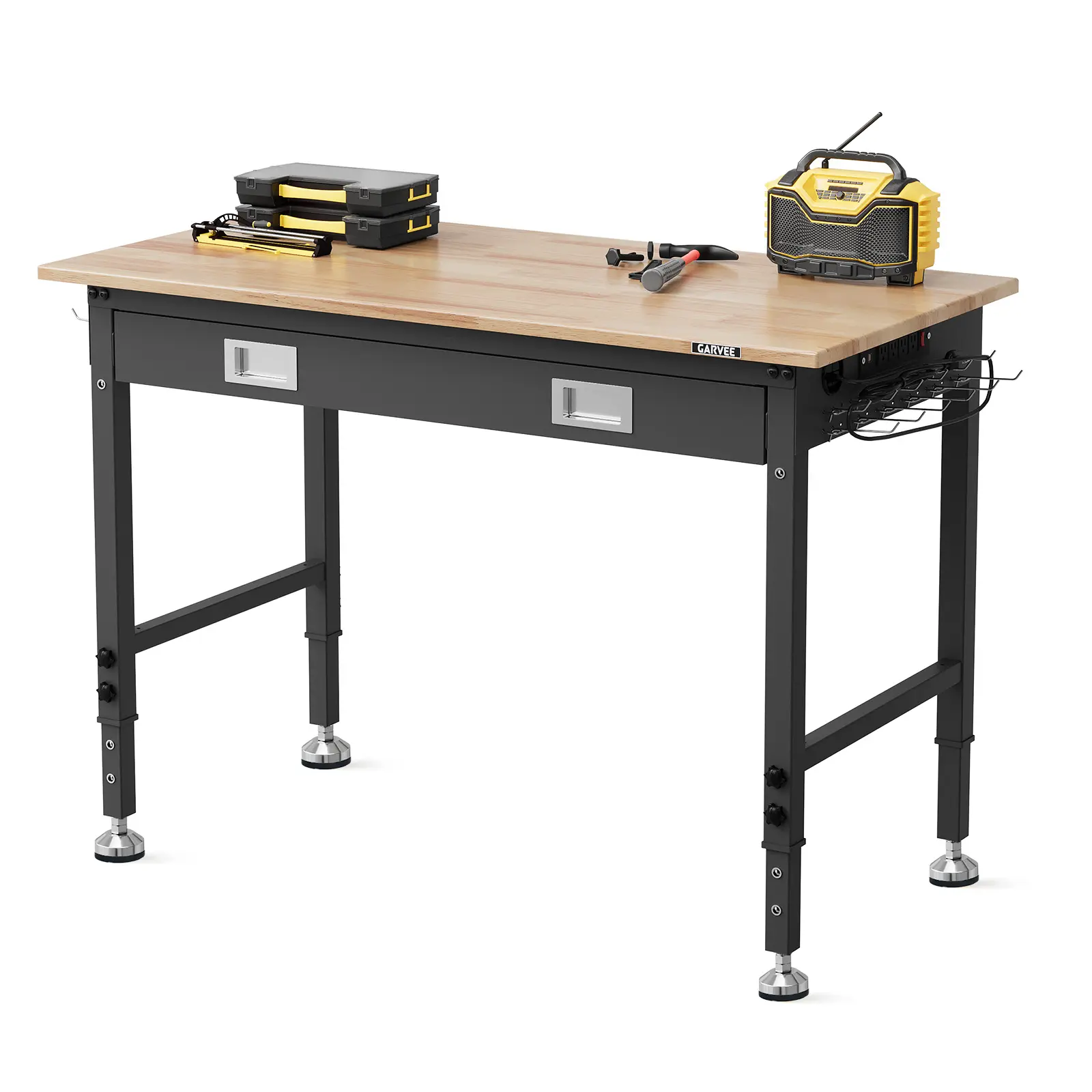 Adjustable Height Garage Workstation, Solid Rubberwood Top Heavy Duty Work Bench, 2000 LB Load Capacity, Built-in Drawer, ETL Power Outlets, Stable Leveling Feet, Pegboard Hooks